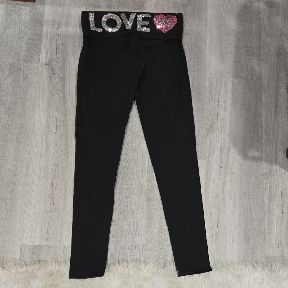 Victoria's Secret Black Foldover Leggings with Sequin Love and Heart